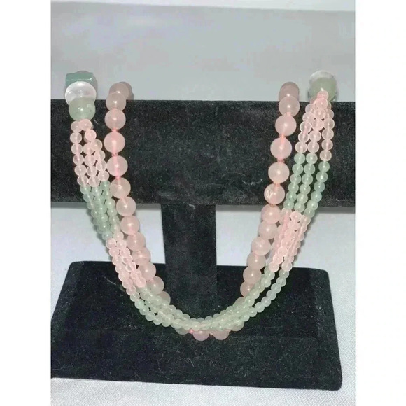 Vintage Rose Quartz Hand Knotted,Jadeite Green And Pink Necklace Vintage 32 inch - Picture 5 of 13